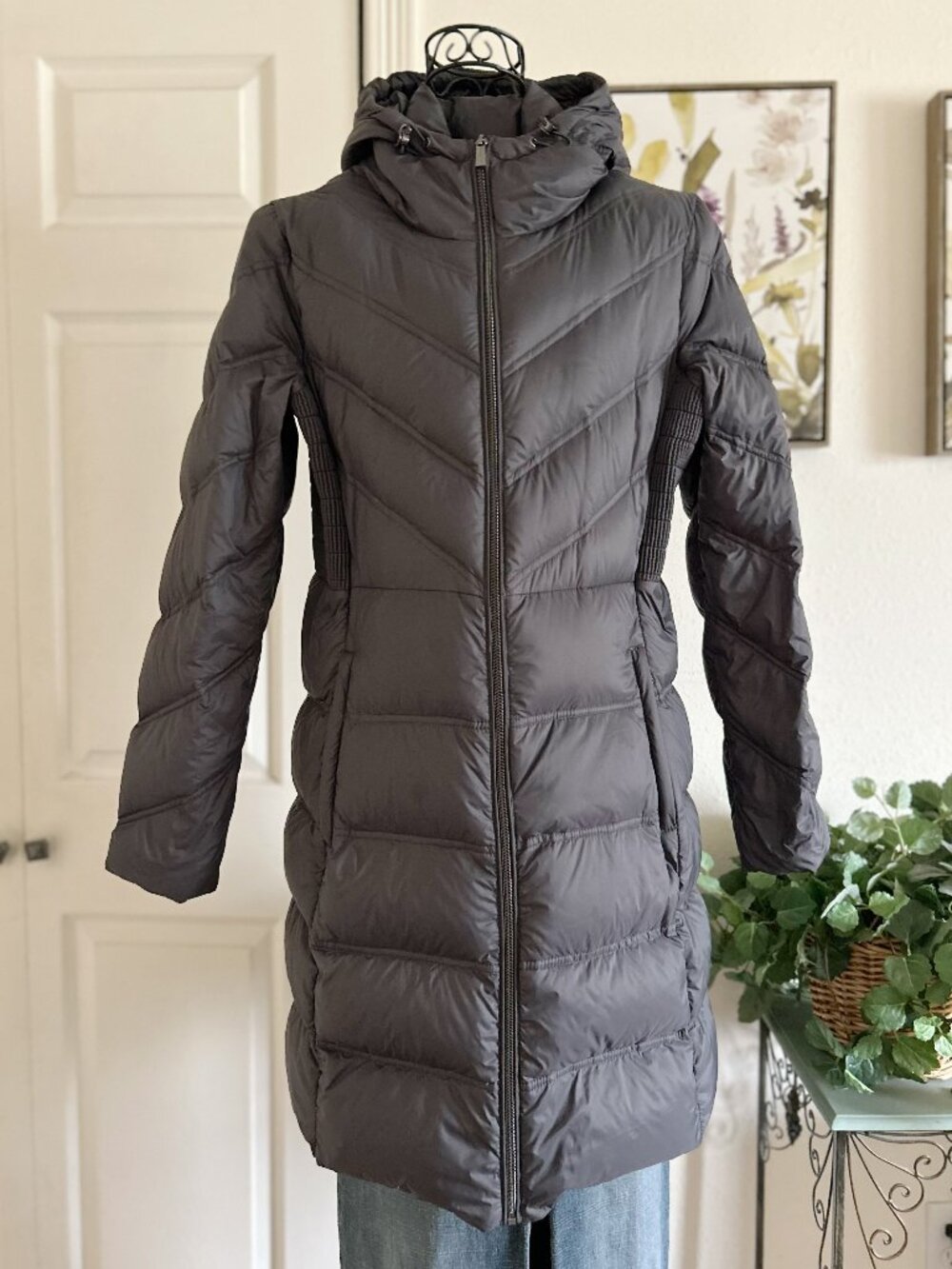 Michael Kors Charcoal Long Quilted Hooded Puffer Coat